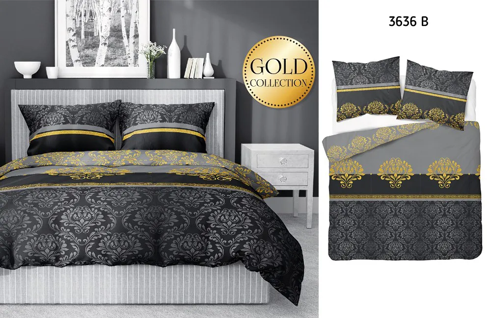 Pościel satynowa 160x200 3636 B Listki Ornament Glamour szara złota orientalna Home Satin 2