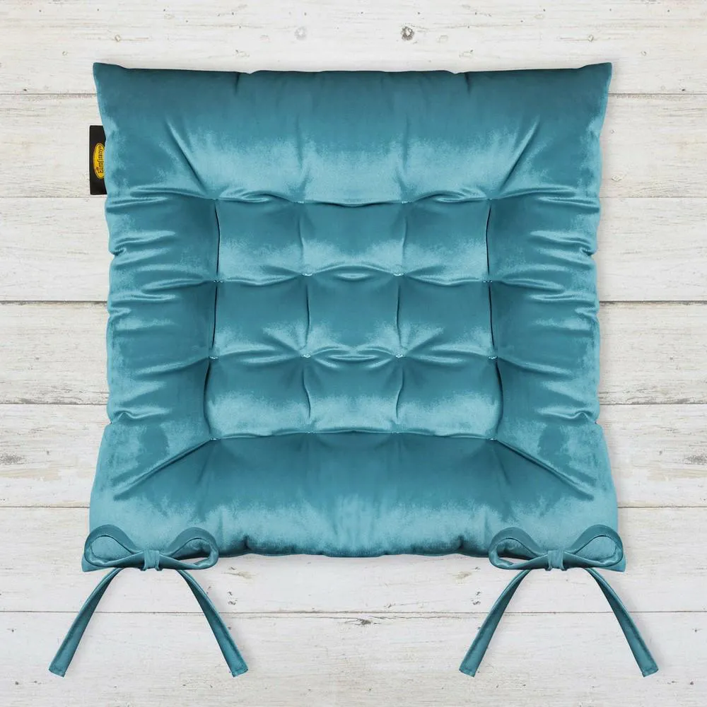 Poduszka siedzisko 40x40x8 Velvet 16 na krzesło turkusowa ciemna welwetowa z wiązaniem dekoracyjna Eurofirany