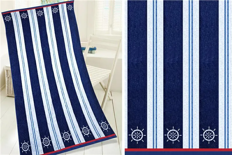 Ręcznik plażowy 90x170 Polo biały         niebieski pasy kotwice welurowy Plaża 23