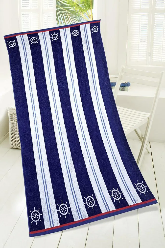Ręcznik plażowy 90x170 Polo biały         niebieski pasy kotwice welurowy Plaża 23