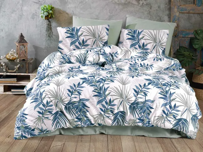 Pościel bawełniana 160x200 Tropical biała niebieska liście palmy Cottonlove Exclusive 4