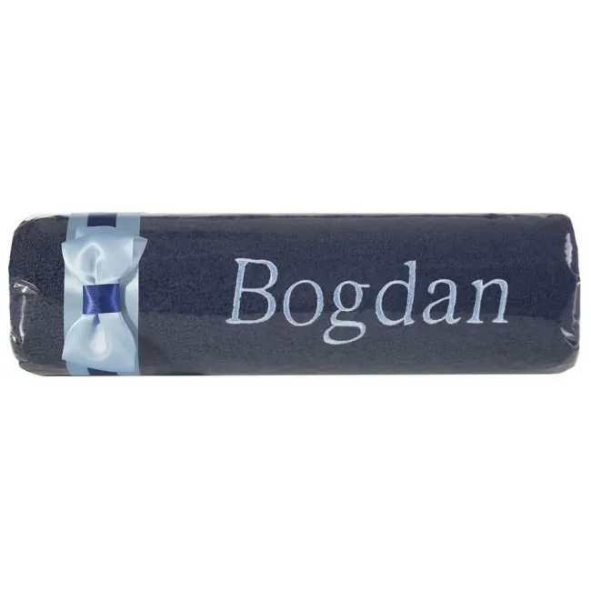 Ręcznik z haftem 50x90 Bogdan granatowy błękitna kokarda na prezent imieninowy