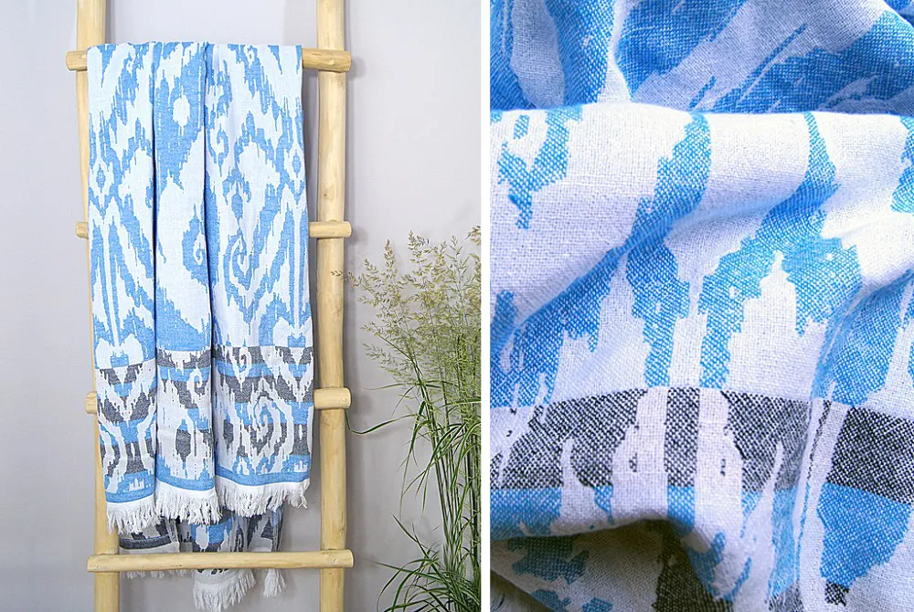 Ręcznik plażowy 90x180 Sardynia niebieski biały bawełniany frędzle Plaża 1