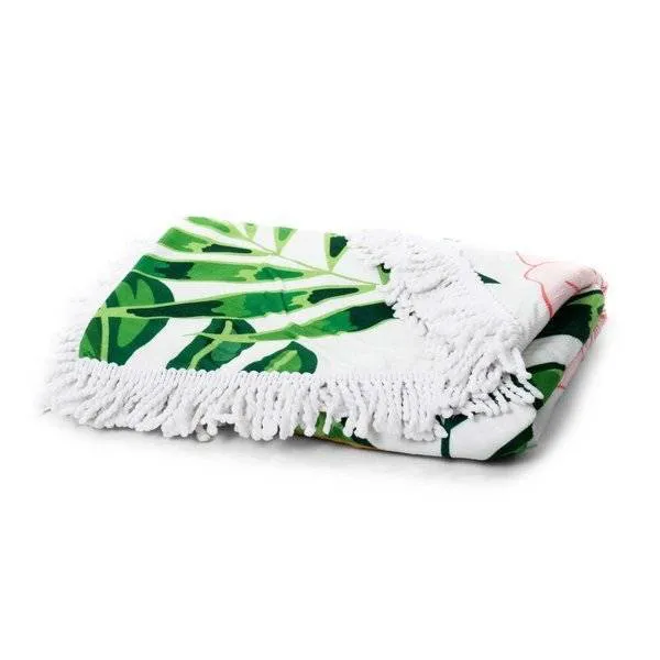Ręcznik koc okrągły plażowy Boho 11 Flamingi liście 150 cm mikrofibra 250g/m2 palmy kwiaty banany