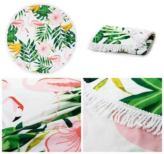 Ręcznik koc okrągły plażowy Boho 11 Flamingi liście 150 cm mikrofibra 250g/m2 palmy kwiaty banany