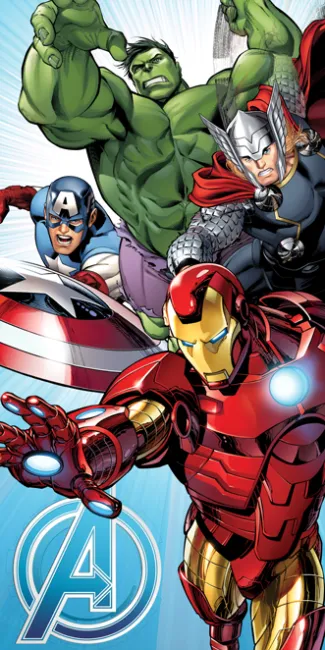 Ręcznik plażowy 70x140 Avengers light blue 6237 bawełniany Kapitan Ameryka Iron Man Hulk Bruce Banner Thor