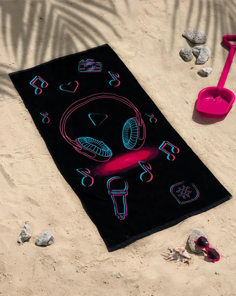 Ręcznik plażowy 70x140 Słuchawki Świat muzyki nutki serduszka czarny 1101 dziecięcy bawełniany młodzieżowy mikrofon