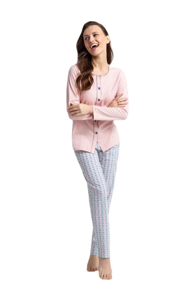 Piżama damska długa 599 różowa niebieska  geometryczna rozmiar: 4XL rozpinana