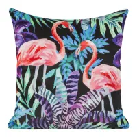 Poszewka dekoracyjna 45x45 Tropical 2 flamingi tropikalne liście palmy czarna różowa fioletowa welur