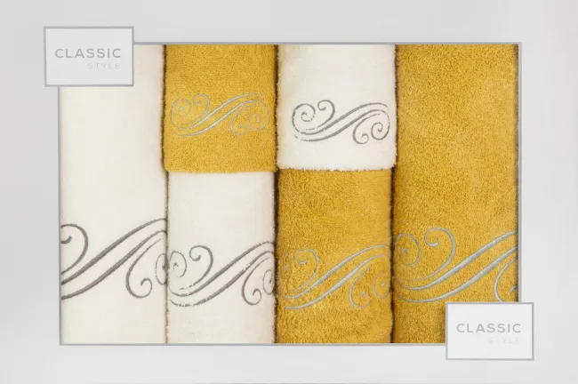 Komplet ręczników w pudełku 6 szt Aqua kremowy musztardowy ornamenty 380g/m2 Eurofirany