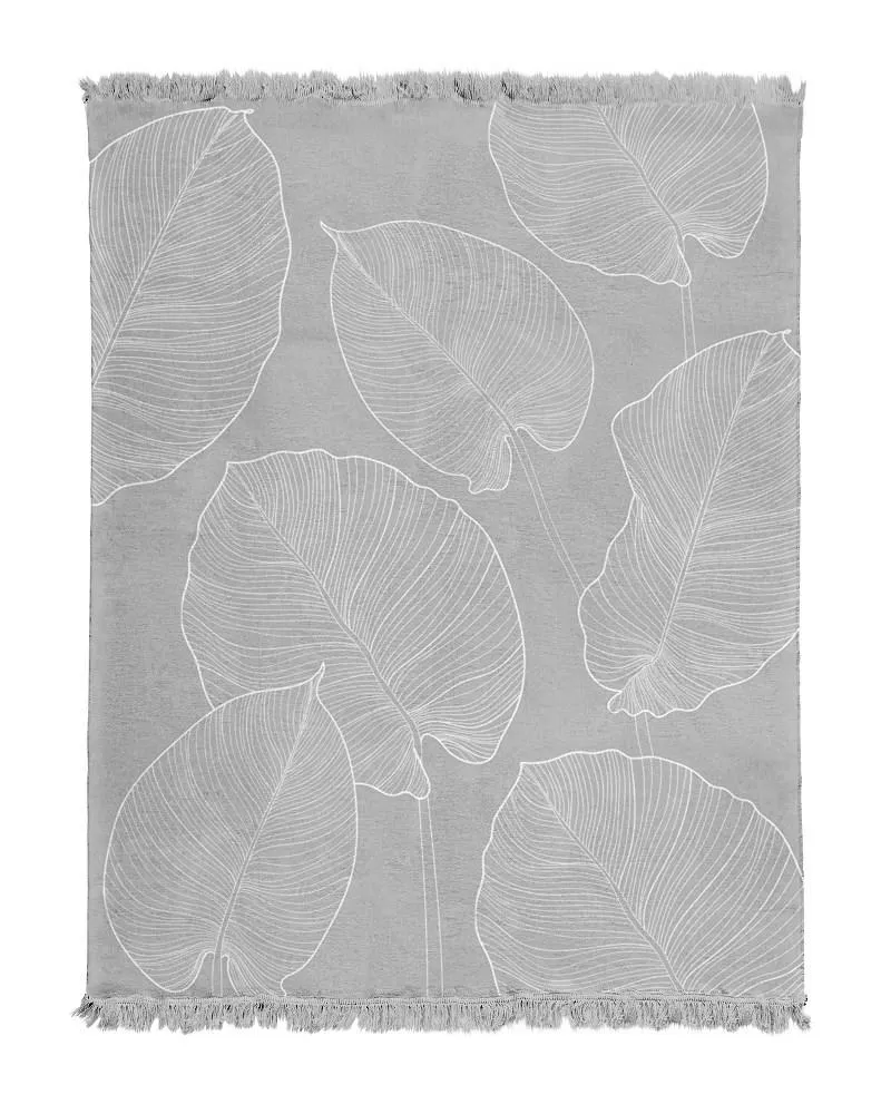Koc bawełniany akrylowy 150x200 szary     liście z frędzlami 108ajb