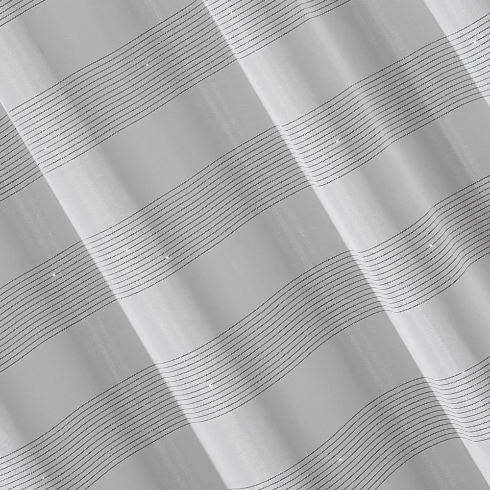 Firana 140x250 Nel biała czarna pasy gotowa na przelotkach zdobiona pasami z błyszczącej nici Eurofirany