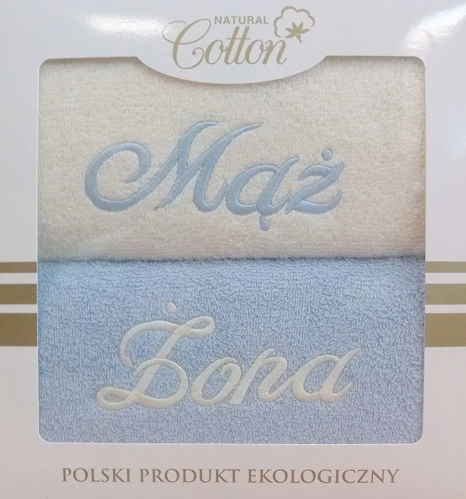 Komplet ręczników w pudełku 2 szt. 50x90 Mąż i Żona Niebieski+Kremowy
