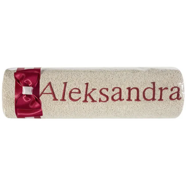 Ręcznik z haftem 50x90 Aleksandra beżowy bordowa kokarda na prezent imieninowy