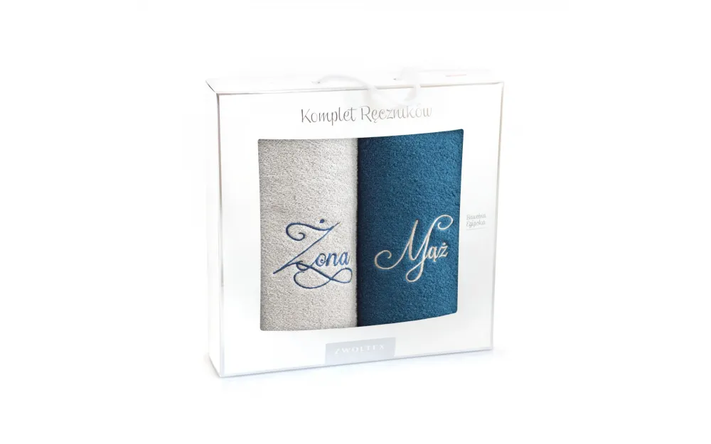 Komplet ręczników w pudełku 2 szt Mąż Żona 70x130 szary jasny turkusowy na prezent