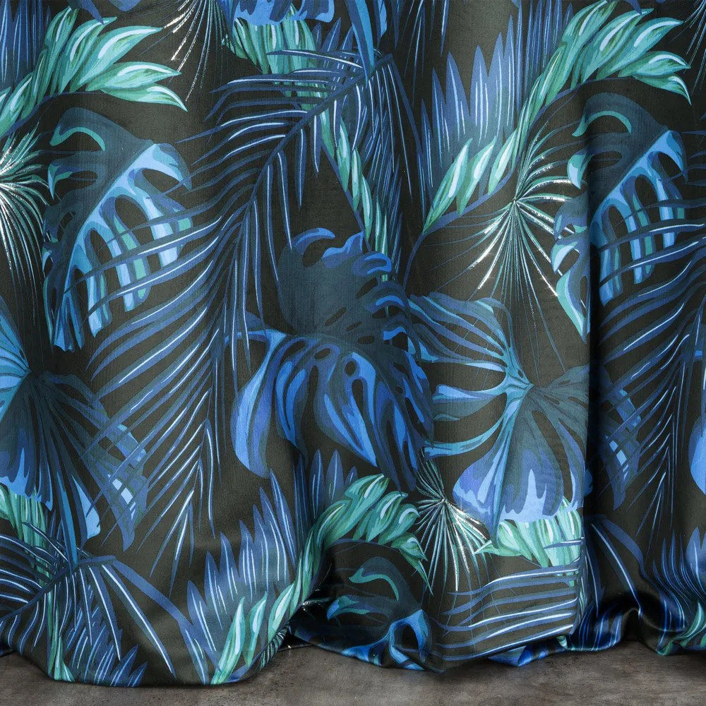 Zasłona 140x250 Lazur czarna niebieska liście monstery palmy welwetowa gotowa na przelotkach Eurofirany