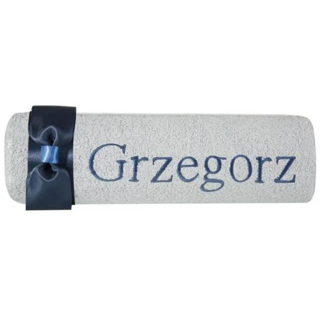 Ręcznik z haftem 50x90 Grzegorz niebieski granatowa  kokarda na prezent imieninowy