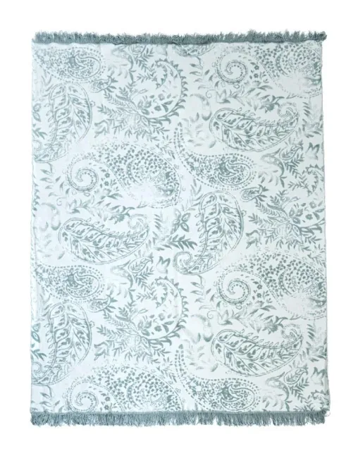 Koc bawełniany akrylowy 150x200 027 JB biały miętowy ornamenty orientalny z frędzlami