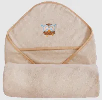 Okrycie kąpielowe niemowlęce 100x100 Maxi 15 beżowe sowa ręcznik z kapturkiem z ozdobną aplikacją