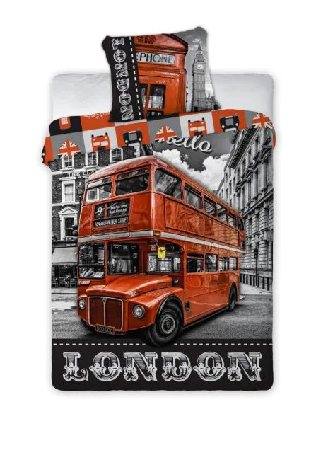 Pościel młodzieżowa 160x200 Londyn London City 02 czerwony autobus piętrowy bawełniana 7854 Faro 