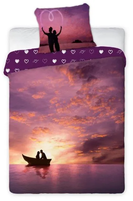 Pościel bawełniana 160x200 Walentynki Amore 004 Zakochana para na łodzi na tle zachodzącego słońca 7026 Faro