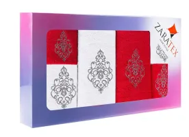 Komplet ręczników w pudełku 6 szt Ornament biały czerwony po 2szt. 30x50 50x90 70x140 400g/m2
