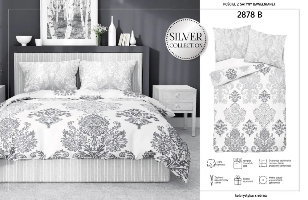Pościel satynowa 160x200 Glamour orientalna ornamenty srebrna szara biała 2878 B Fashion Satin