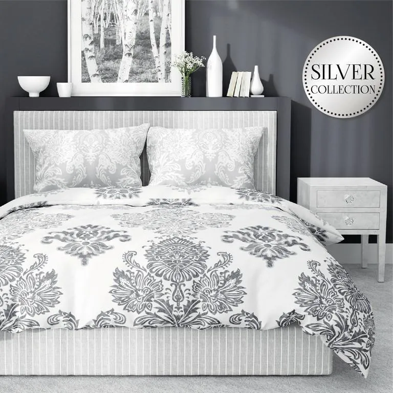 Pościel satynowa 160x200 Glamour orientalna ornamenty srebrna szara biała 2878 B Fashion Satin