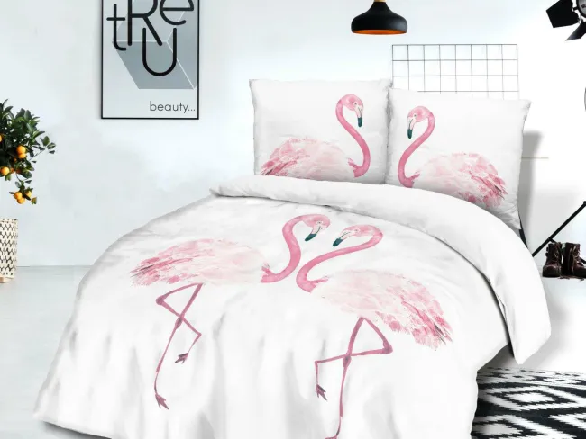 Pościel bawełniana 160x200 61443/1 Falmingi biała różowa Flamingos Vintage
