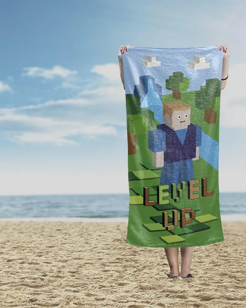 Ręcznik plażowy 70x140 Minecraft Level    UP 76 zielony niebieski dziecięcy bawełniany