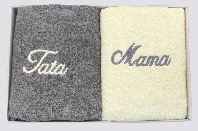 Komplet ręczników w pudełku 2 szt 50x100 Mama Tata kremowy szary jasny 06