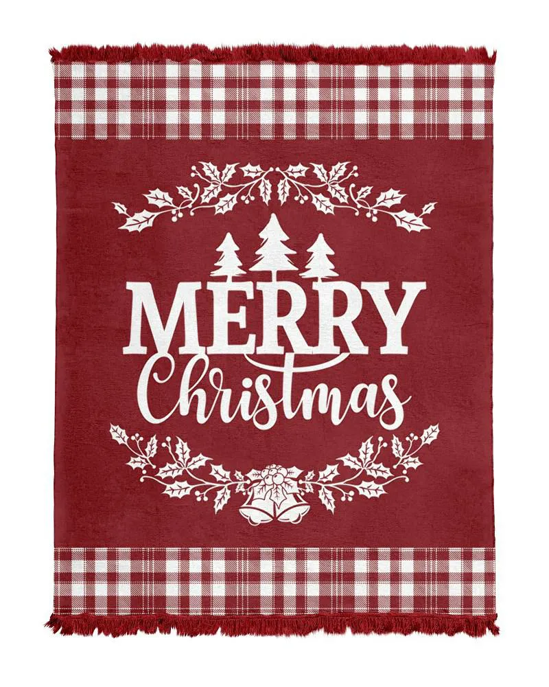 Koc bawełniany akrylowy 150x200 Merry Christmas czerwony świąteczny z frędzlami 103 JB Tureckie 25