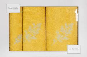 Komplet ręczników w pudełku 3 szt musztardowy srebrny kwiatki 380g/m2 Kamil Eurofirany