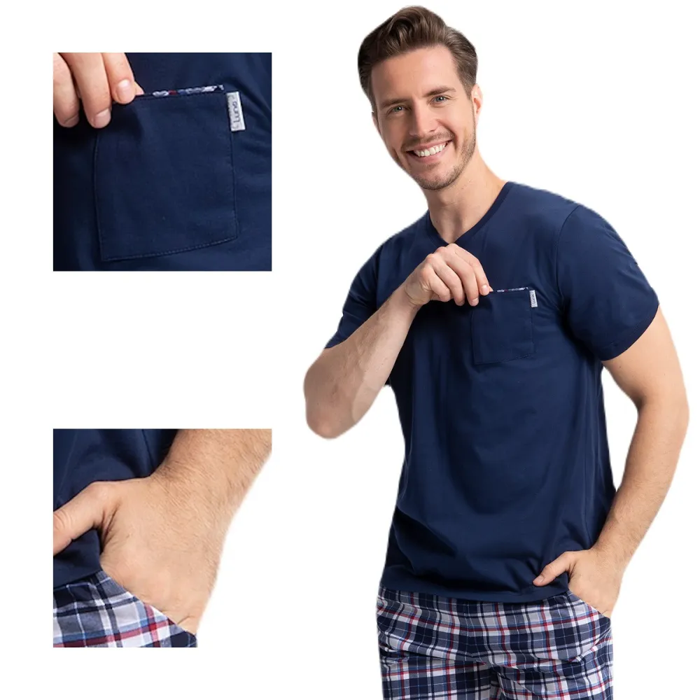 Piżama męska krótka 796 granatowa         spodnie krata kieszenie rozmiar: M