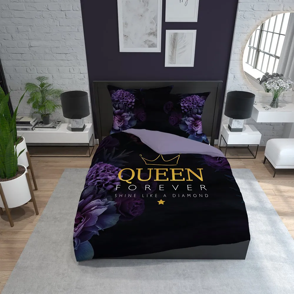 Pościel bawełniana 220x200 Queen kwiaty   fioletowa czarna 4332 A Home 130