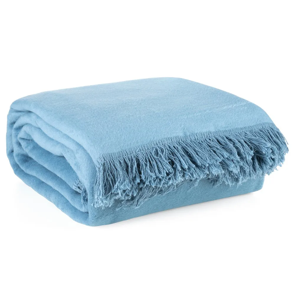 Koc bawełniany akrylowy 220x240 Akryl 7 niebieski jednobarwny z frędzlami Premium narzuta na łóżko Eurofirany