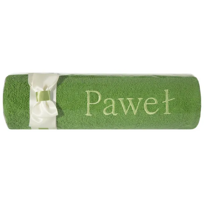Ręcznik z haftem 50x90 Paweł zielony kremowa kokarda na prezent imieninowy