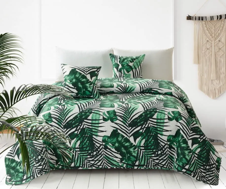 Narzuta dekoracyjna 160x220 biała         zielona liście palmy pikowana Jungle