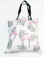Torba bawełniana na zakupy 37x38 1660E biała flamingi różowe liście palmy szare