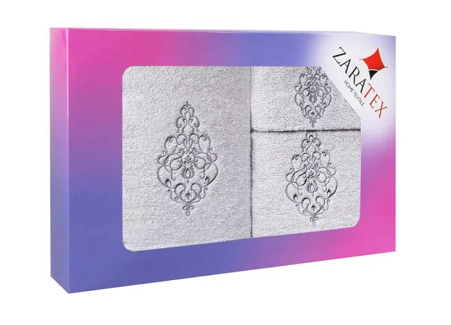 Komplet ręczników w pudełku 3 szt Ornament srebrny 30x50 50x90 70x140 400g/m2