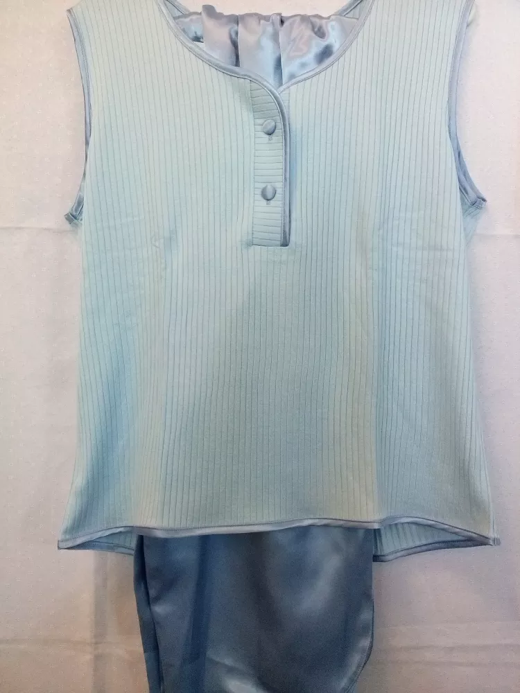 Piżama damska krótka satynowa 113 rozmiar XL niebieska z wiskozą prążkowaną 