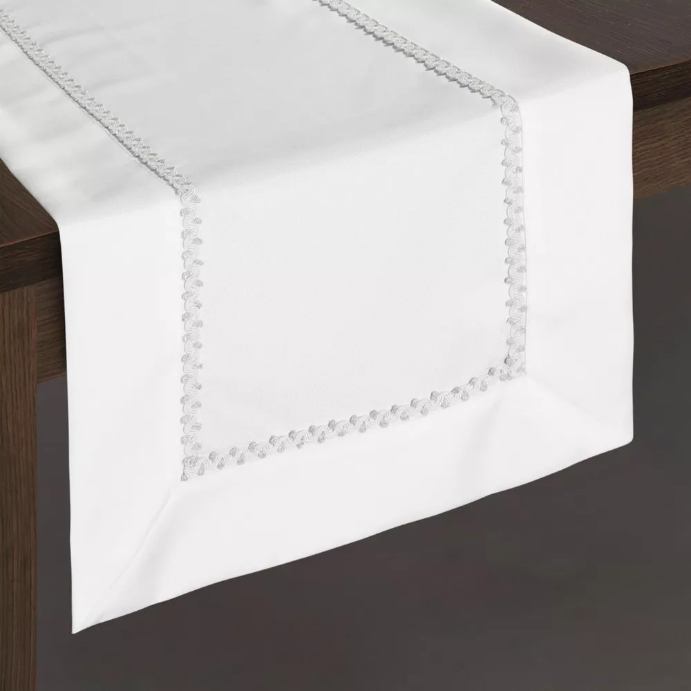 Obrus 40x140 Elima bieżnik biały lamówka ze srebrnymi elementami w pudełku Eurofirany