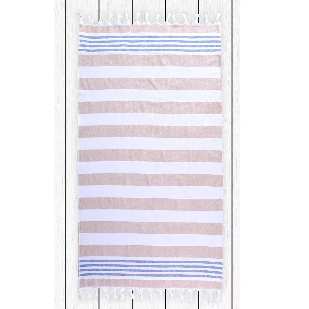 Ręcznik plażowy 90x170 Santorini 0715 Sand paski piaskowe białe niebieskie frędzelki