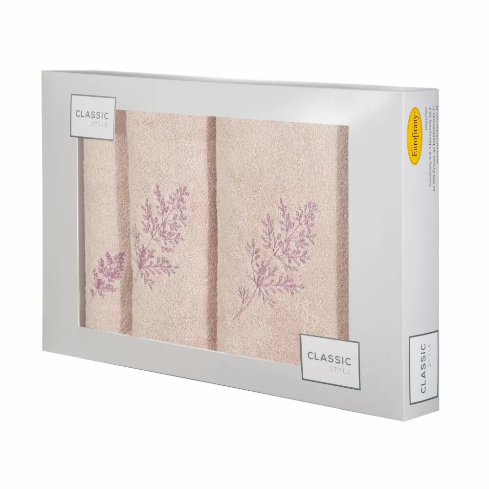 Komplet ręczników w pudełku 3 szt pudrowy lililowy kwiatki 380g/m2 Kamil Eurofirany