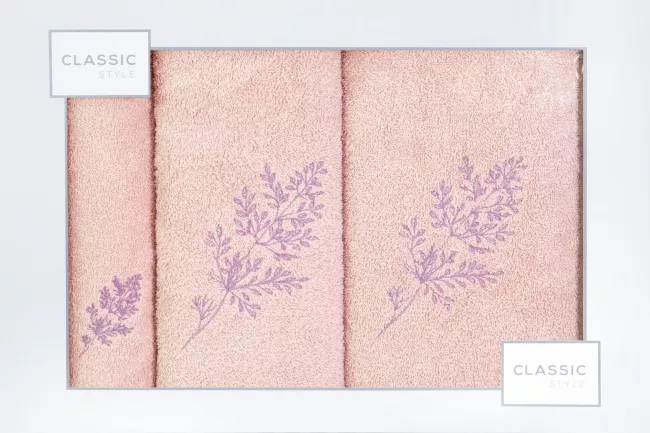 Komplet ręczników w pudełku 3 szt pudrowy lililowy kwiatki 380g/m2 Kamil Eurofirany