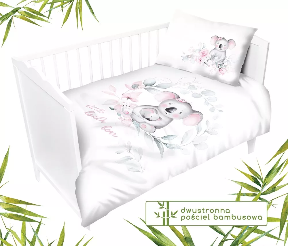 Pościel bambusowa 100x135 Miś Koala 3276 B biała różowa szare listki do łóżeczka dwustronna poszewka 40x60