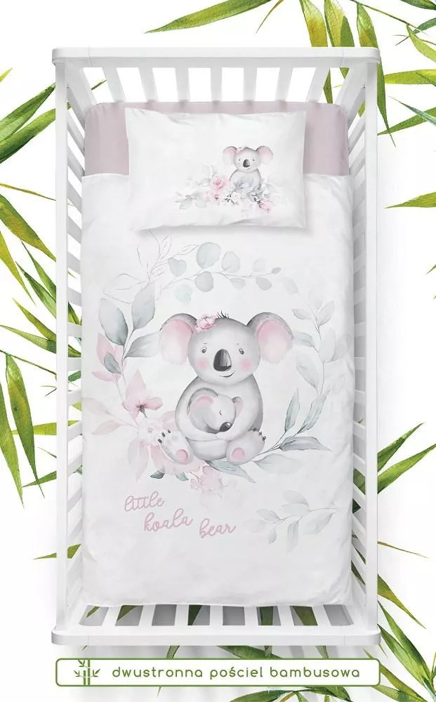 Pościel bambusowa 100x135 Miś Koala 3276 B biała różowa szare listki do łóżeczka dwustronna poszewka 40x60