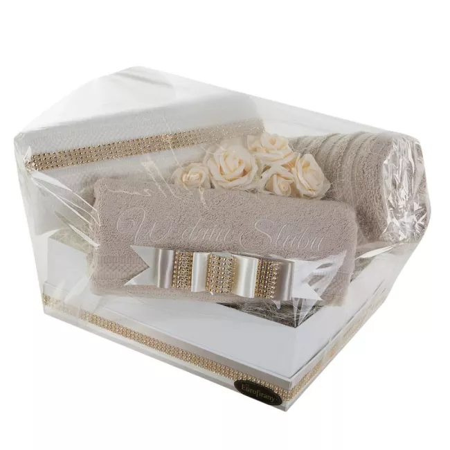 Komplet ręczników 4szt T/0316 kremowy beżowy W Dniu Ślubu zestaw upominkowy w pudełku Sesi na prezent Eurofirany