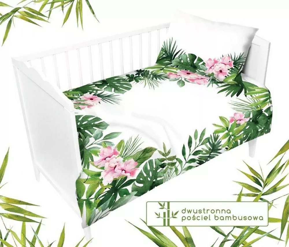 Pościel bambusowa 100x135 Liście Kwiaty monstery palmy zielona różowa do łóżeczka 3046 A dwustronna