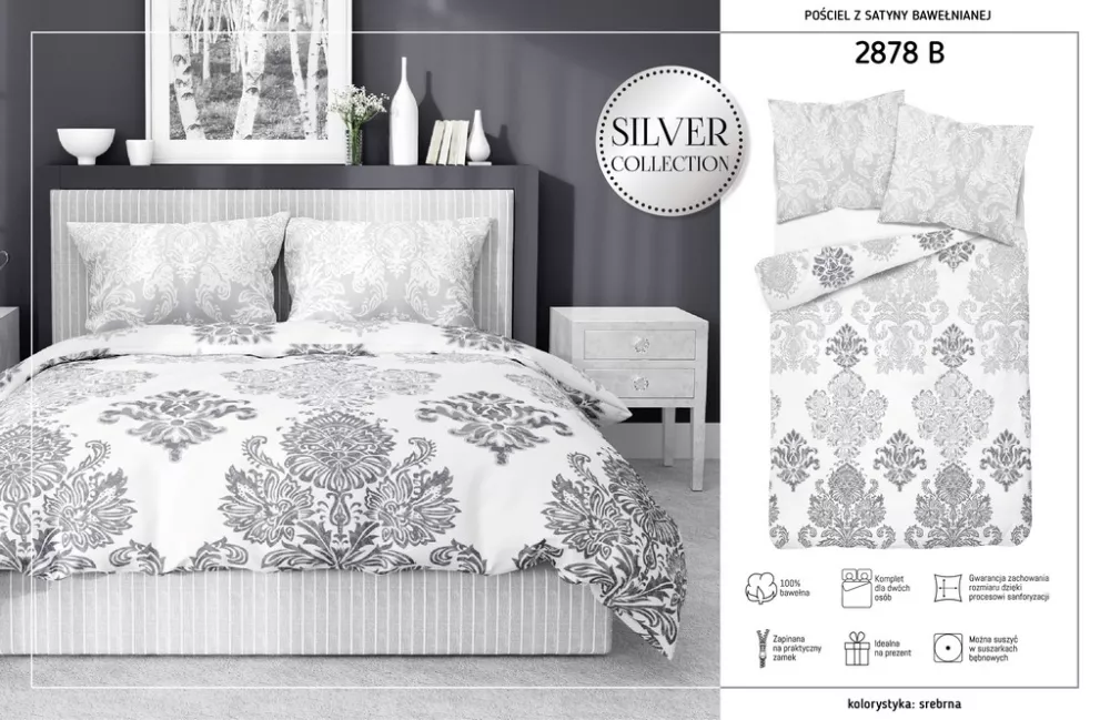 Pościel satynowa 220x200 Glamour orientalna ornamenty srebrna szara biała 2878 B Fashion Satin